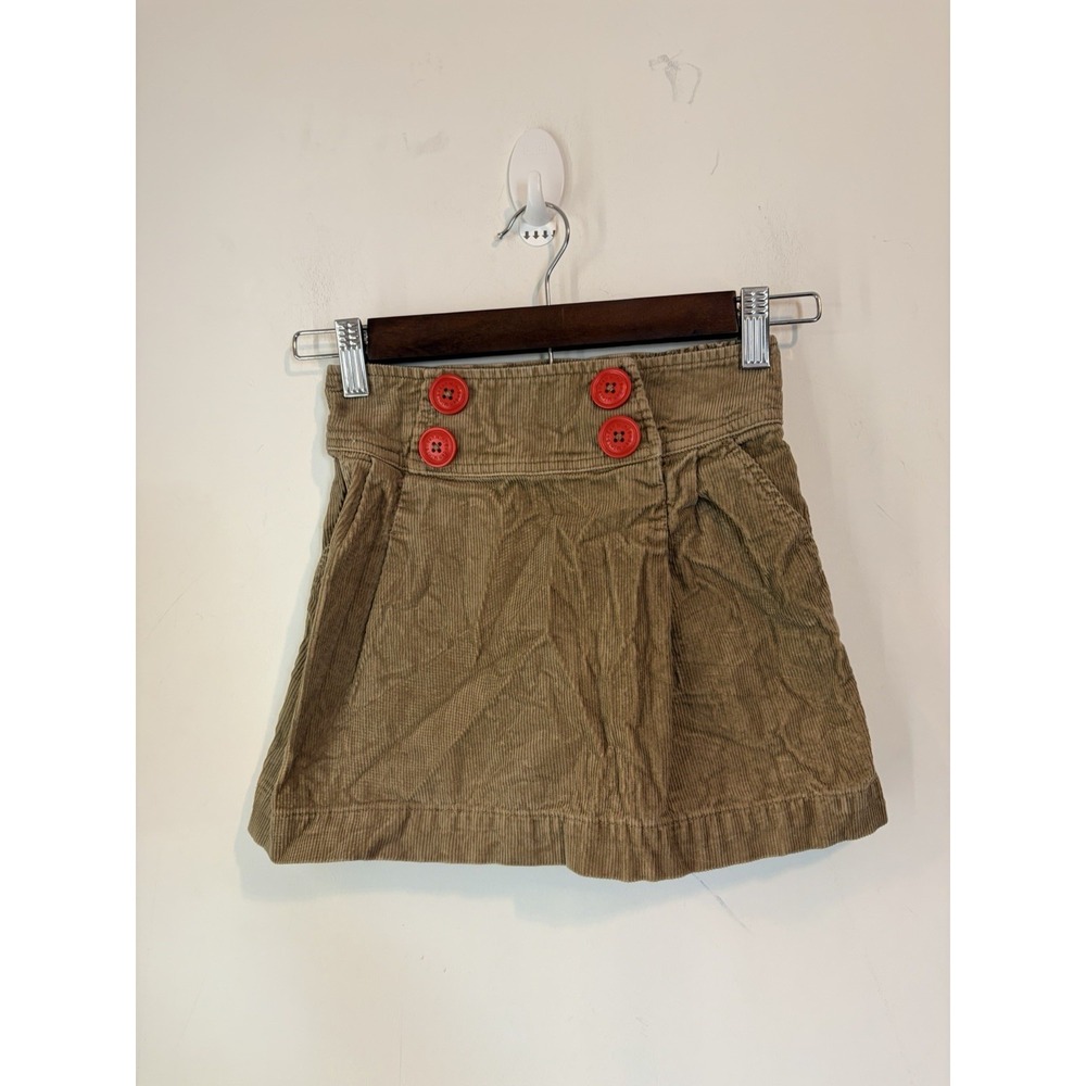 Mini Boden Girls 7-8 Corduroy Skirt Khaki Beige Red Buttons Pockets‎ Pleated